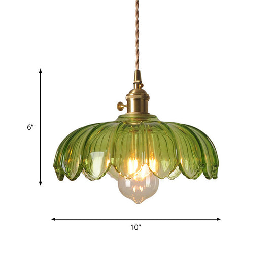 Chiara - Vintage Brass Pendant Light with Green Glass Scalloped Shade