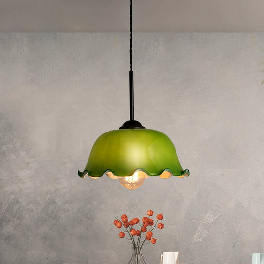 Rustic Black Glass Pendant Light With Green/White Lettuce-Trim Bowl Design - Perfect For Living Room