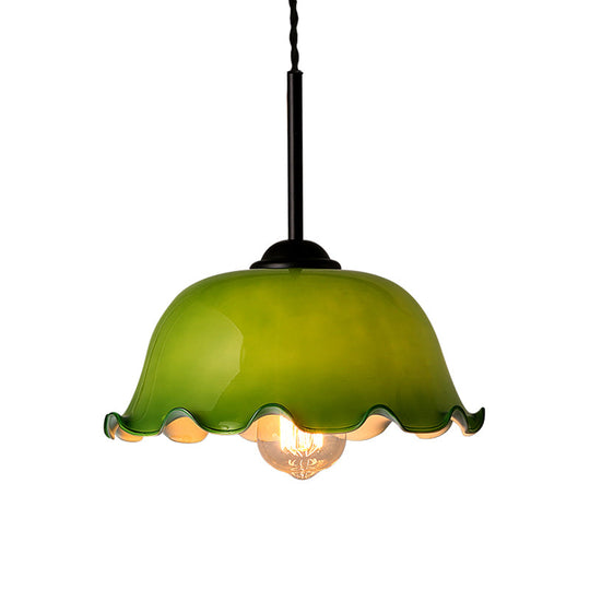 Rustic Black Glass Pendant Light With Green/White Lettuce-Trim Bowl Design - Perfect For Living Room