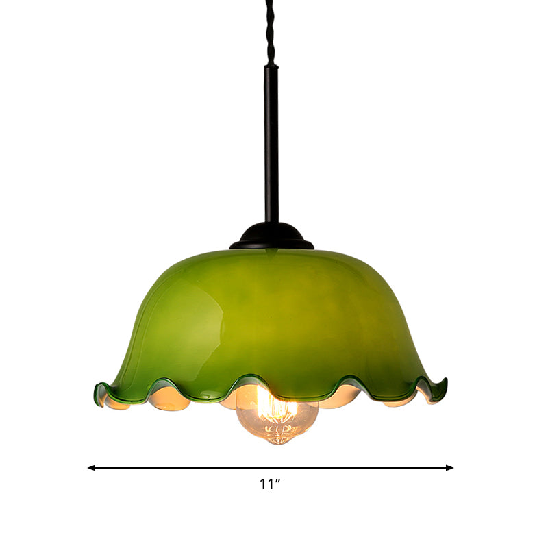 Rustic Black Glass Pendant Light With Green/White Lettuce-Trim Bowl Design - Perfect For Living Room