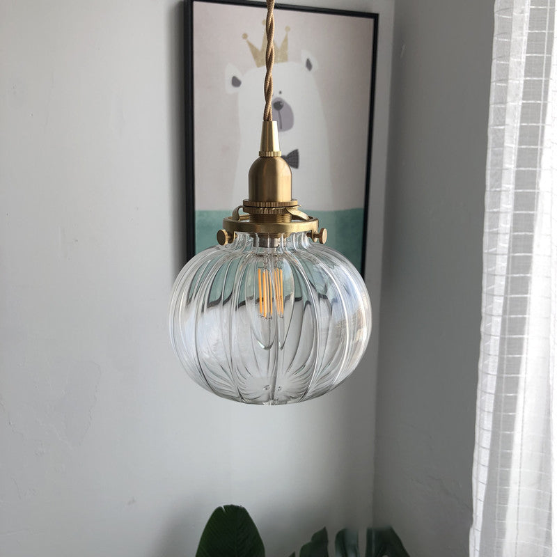 Retro Mini Hanging Light with Oval Green Glass Drop Pendant in Brass