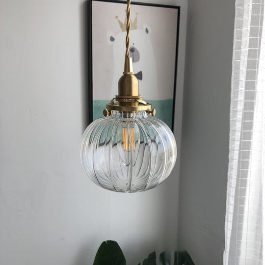 Retro Brass Mini Hanging Light - Oval Green/Clear Glass Drop Pendant 1 Head Dining Table