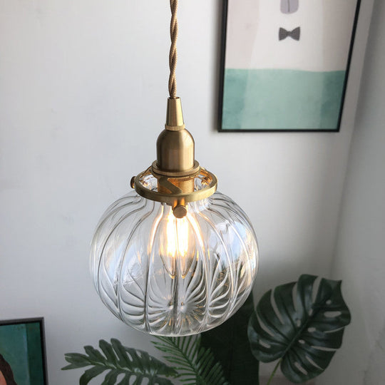 Retro Mini Hanging Light with Oval Green Glass Drop Pendant in Brass