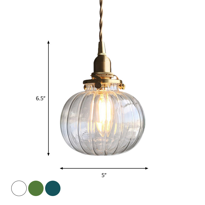 Retro Mini Hanging Light with Oval Green Glass Drop Pendant in Brass