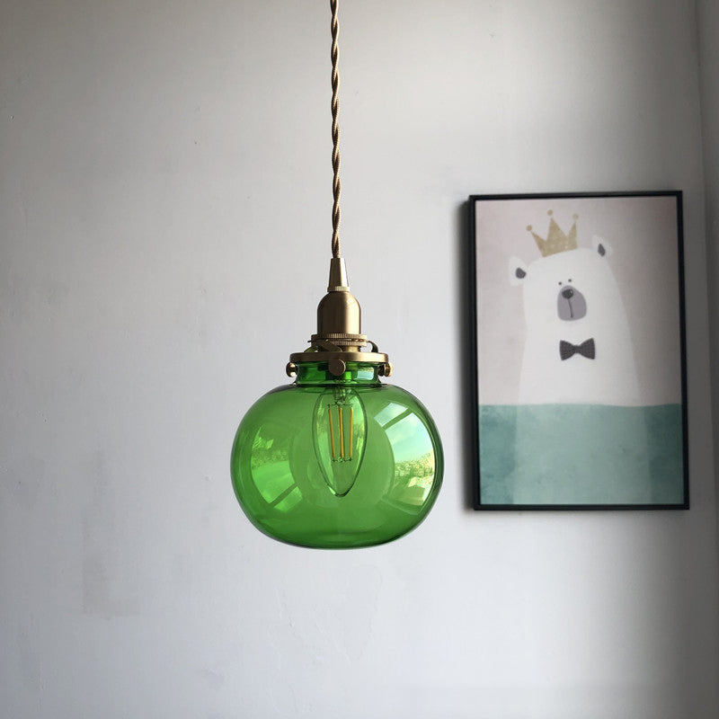 Retro Brass Mini Hanging Light - Oval Green/Clear Glass Drop Pendant 1 Head Dining Table Green