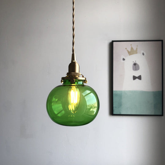 Retro Mini Hanging Light with Oval Green Glass Drop Pendant in Brass