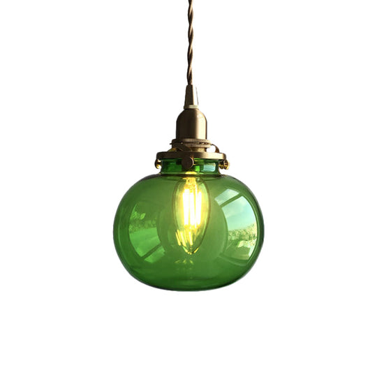 Retro Mini Hanging Light with Oval Green Glass Drop Pendant in Brass