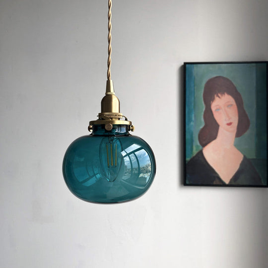 Retro Brass Mini Hanging Light - Oval Green/Clear Glass Drop Pendant 1 Head Dining Table Blackish