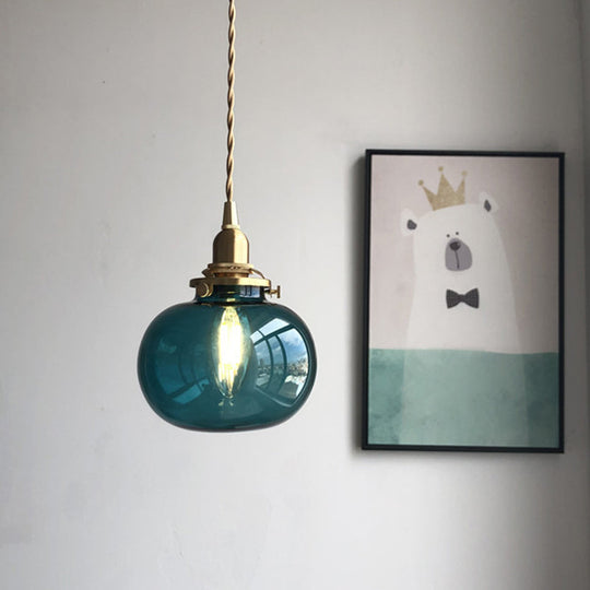 Retro Mini Hanging Light with Oval Green Glass Drop Pendant in Brass