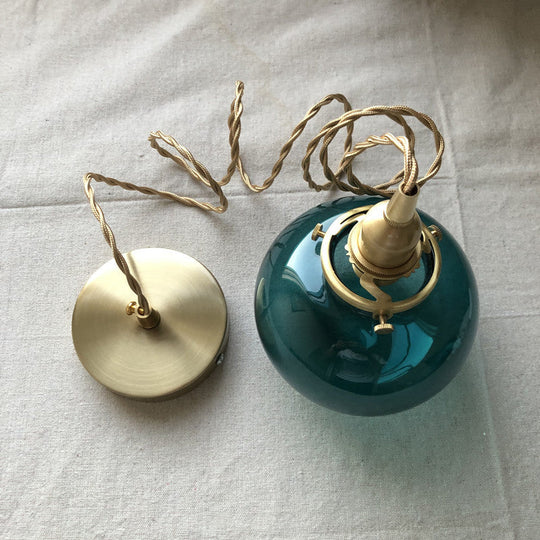 Retro Mini Hanging Light with Oval Green Glass Drop Pendant in Brass