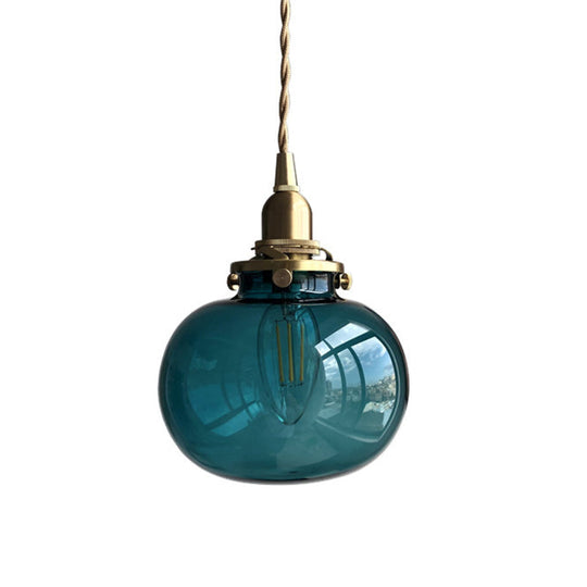 Retro Mini Hanging Light with Oval Green Glass Drop Pendant in Brass