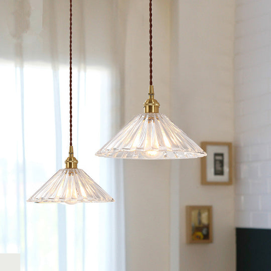 Antique Pendant Light With Clear Ribbed Glass Shade For Dining Room Ceiling