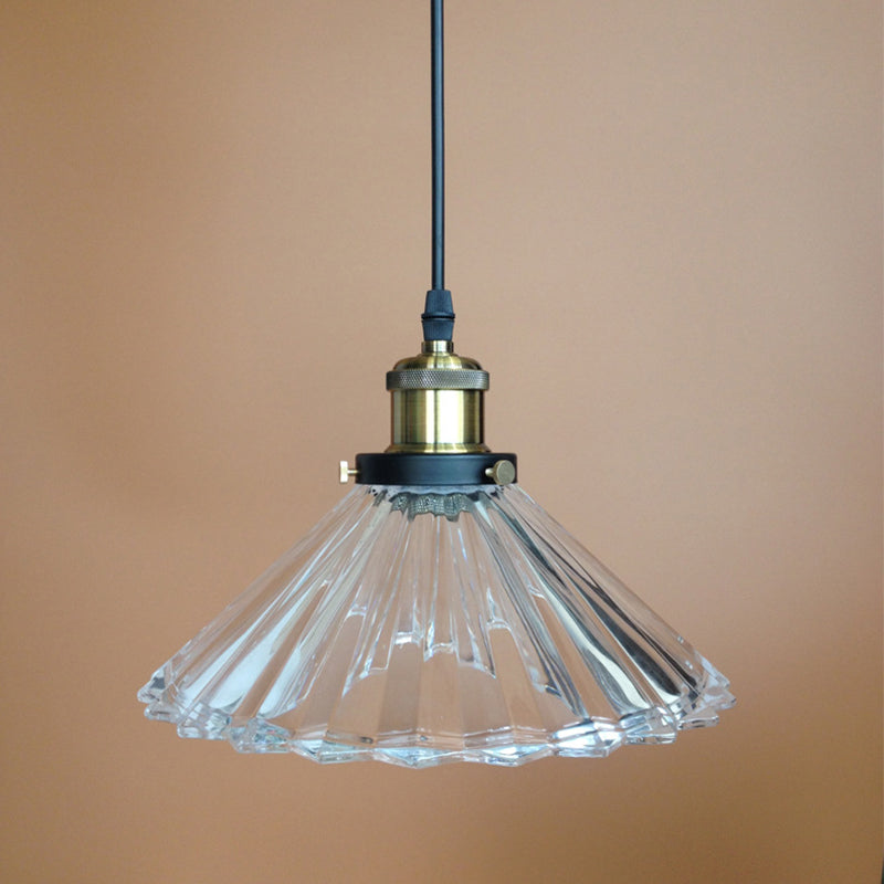 Rustic Clear Ribbed Glass Conical Pendant Light - Single Black Hanging Lamp For Bedroom