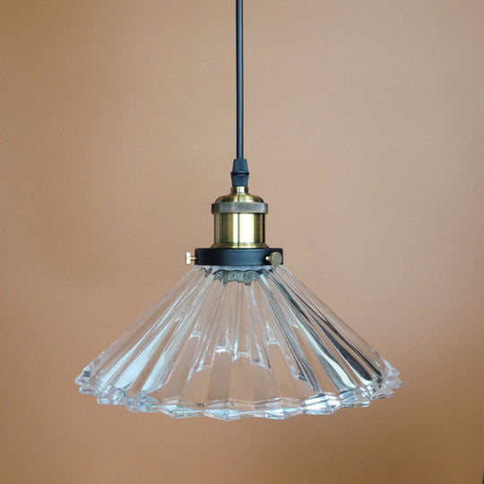 Rustic Clear Ribbed Glass Conical Pendant Light - Single Black Hanging Lamp For Bedroom