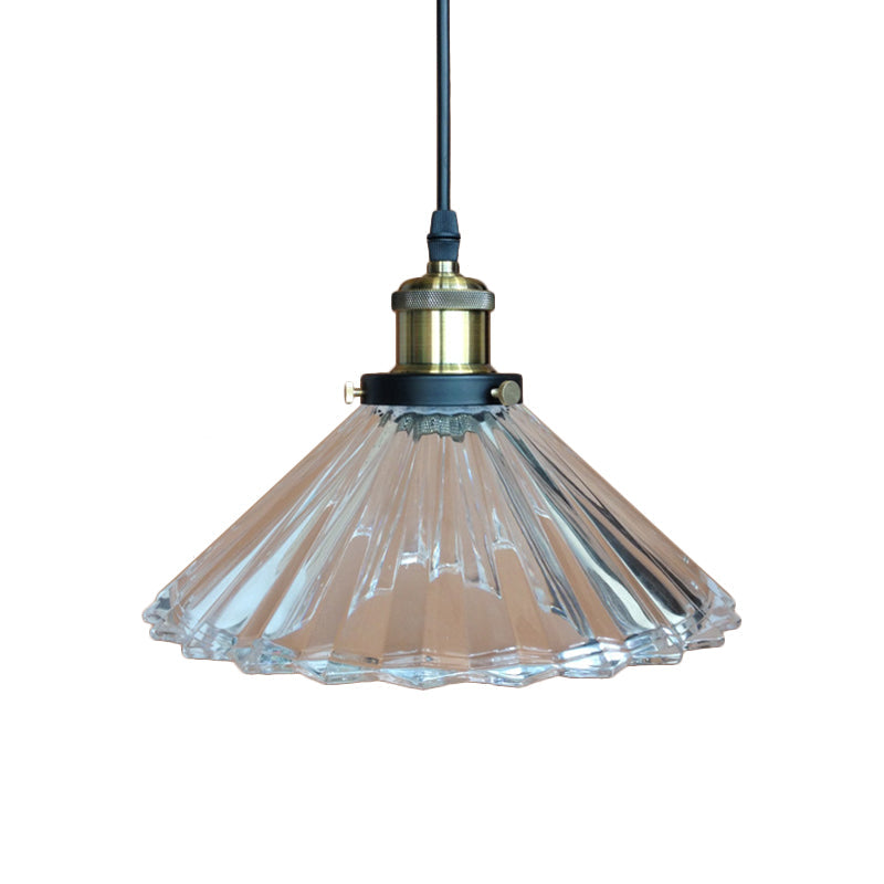 Rustic Clear Ribbed Glass Conical Bedroom Suspension Lamp