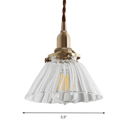 Glass Brass Pendant Lamp - Rustic Cone Design with Clear Sleek/Ribbed Finish - 1 Light Down Lighting for Dining Room