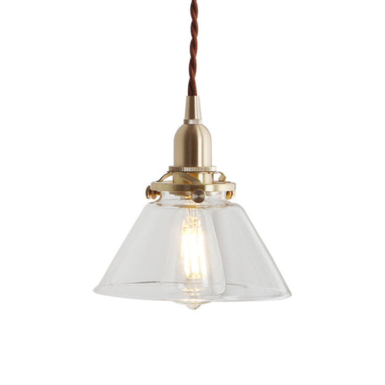 Glass Brass Pendant Lamp - Rustic Cone Design with Clear Sleek/Ribbed Finish - 1 Light Down Lighting for Dining Room