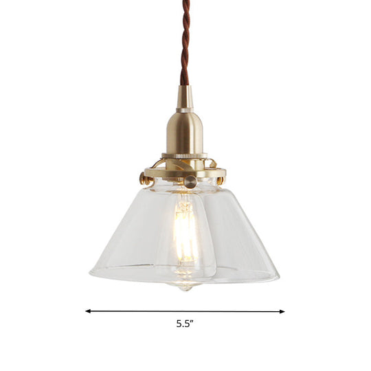 Glass Brass Pendant Lamp - Rustic Cone Design with Clear Sleek/Ribbed Finish - 1 Light Down Lighting for Dining Room