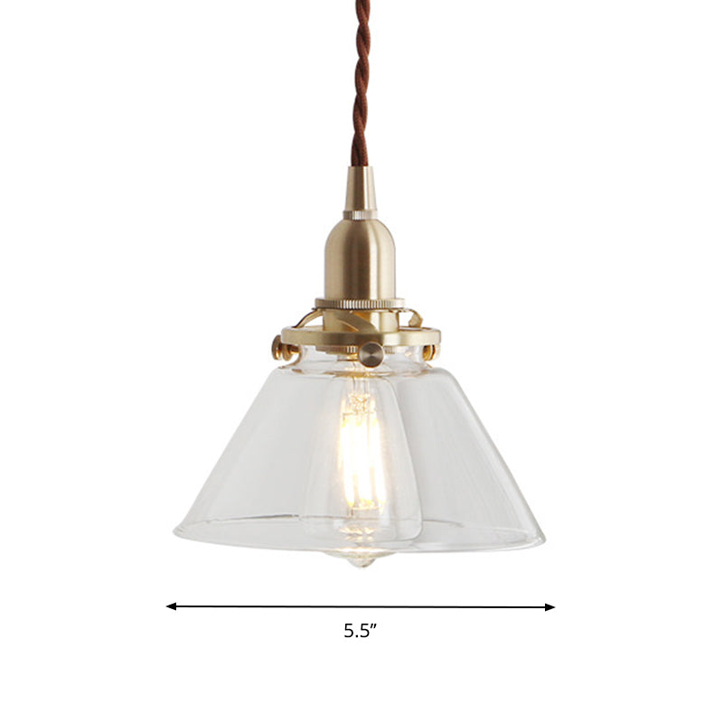 Clear Sleek Glass Brass Pendant Lamp - Rustic Cone 1-Light Down Lighting For Dining Room