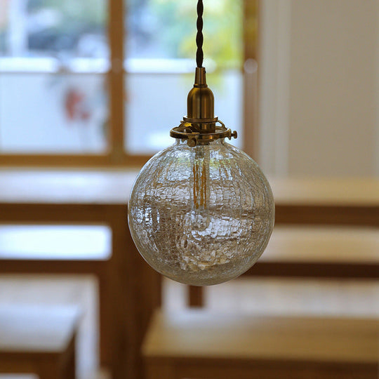 Clear Crackle Glass Pendant: Minimalist Brass Ball Washroom Lighting Fixture