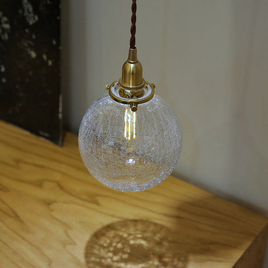 Clear Crackle Glass Pendant: Minimalist Brass Ball Washroom Lighting Fixture