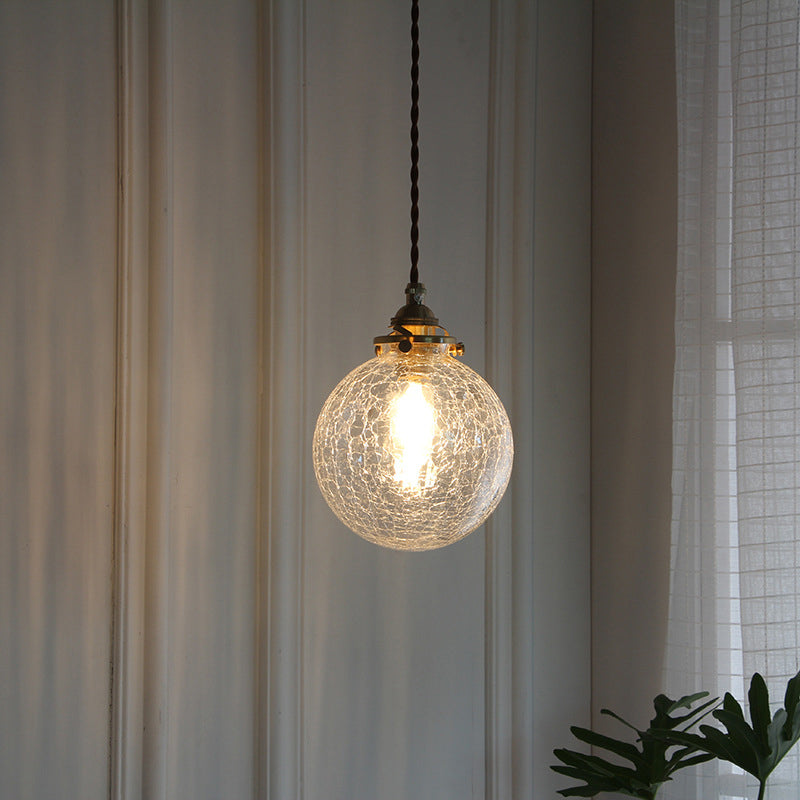 Clear Crackle Glass Pendant: Minimalist Brass Ball Washroom Lighting Fixture