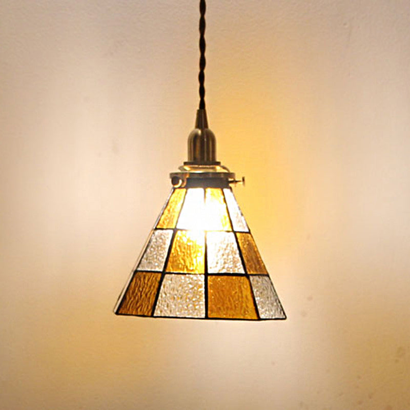 Clear And Brown Coastal Checkered Pendant Lamp With Mosaic Glass Brass Finish