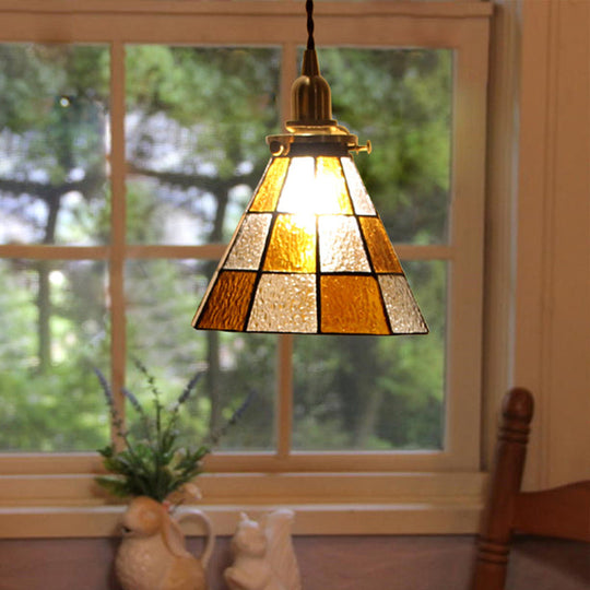 Coastal Checkered Pendant Lamp - Clear and Brown Mosaic Glass, Brass Finish