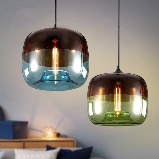 Industrial Glass Pendant Light in Green/Blue and Brown with Drum Dining Table Suspension