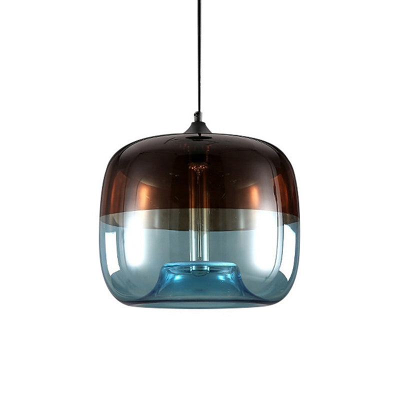 Industrial Glass Pendant Light in Green/Blue and Brown with Drum Dining Table Suspension