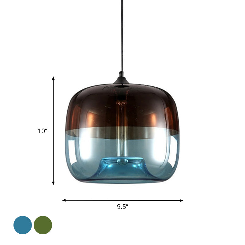 Industrial Glass Pendant Light in Green/Blue and Brown with Drum Dining Table Suspension