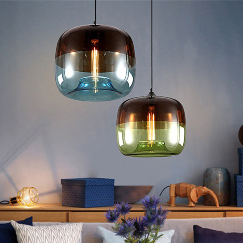 Industrial Glass Pendant Light in Green/Blue and Brown with Drum Dining Table Suspension