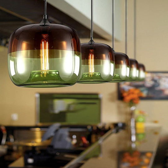 Industrial Green/Blue And Brown Glass Hanging Pendant Light - Drum Dining Table Suspension Lamp With