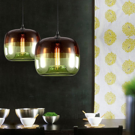 Industrial Glass Pendant Light in Green/Blue and Brown with Drum Dining Table Suspension