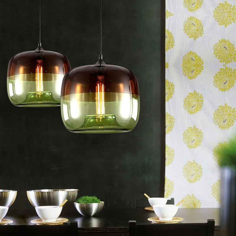 Industrial Green/Blue And Brown Glass Hanging Pendant Light - Drum Dining Table Suspension Lamp With