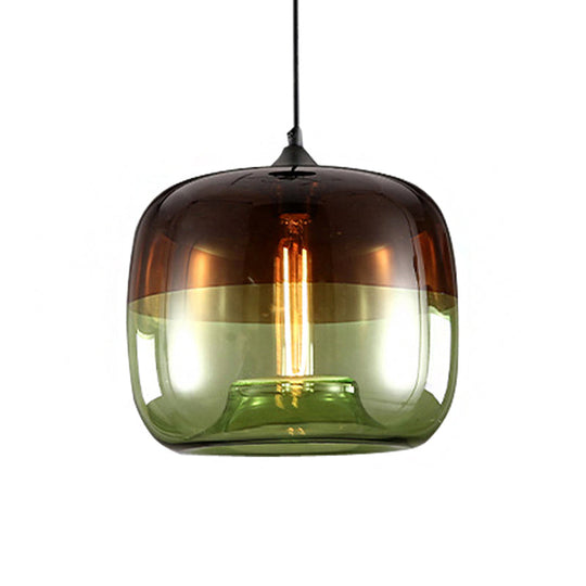 Industrial Glass Pendant Light in Green/Blue and Brown with Drum Dining Table Suspension