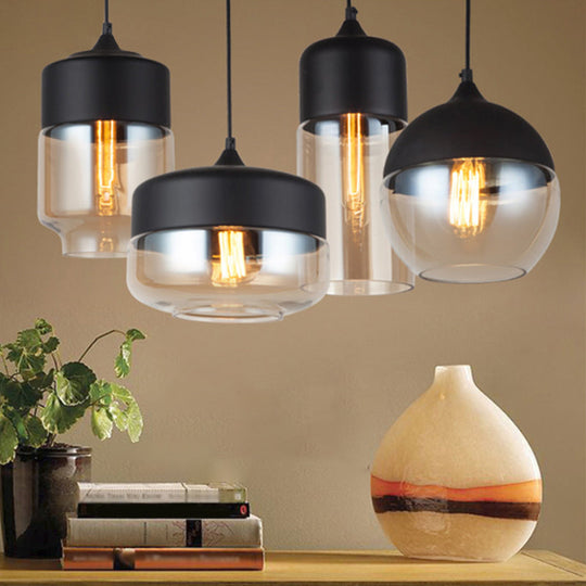 Modern Black Pendant Light Fixture with Clear Glass Cylinder/Mason Jar Design - Perfect for Table Lighting