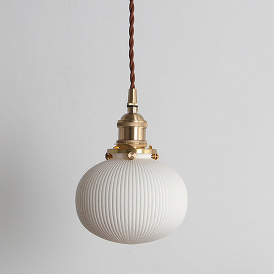 Alice - Rustic Ribbed Capsule Pendant Light in White and Brass