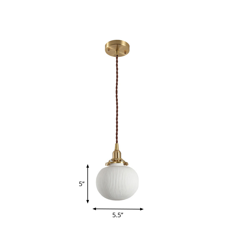 Rustic Ribbed Ceramic Hanging Light: Single Bulb Capsule/Ellipse Design In White/Brass