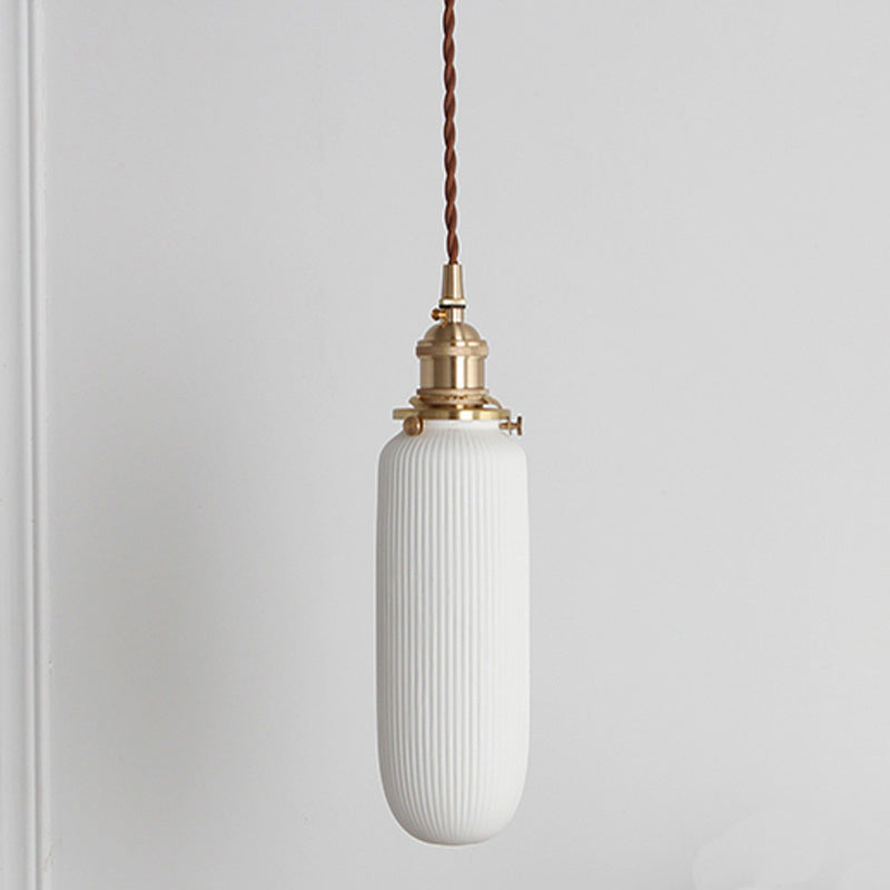 Alice - Rustic Ribbed Capsule Pendant Light in White and Brass