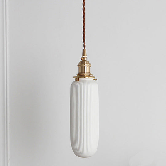 Rustic Ribbed Ceramic Hanging Light: Single Bulb Capsule/Ellipse Design In White/Brass White / A