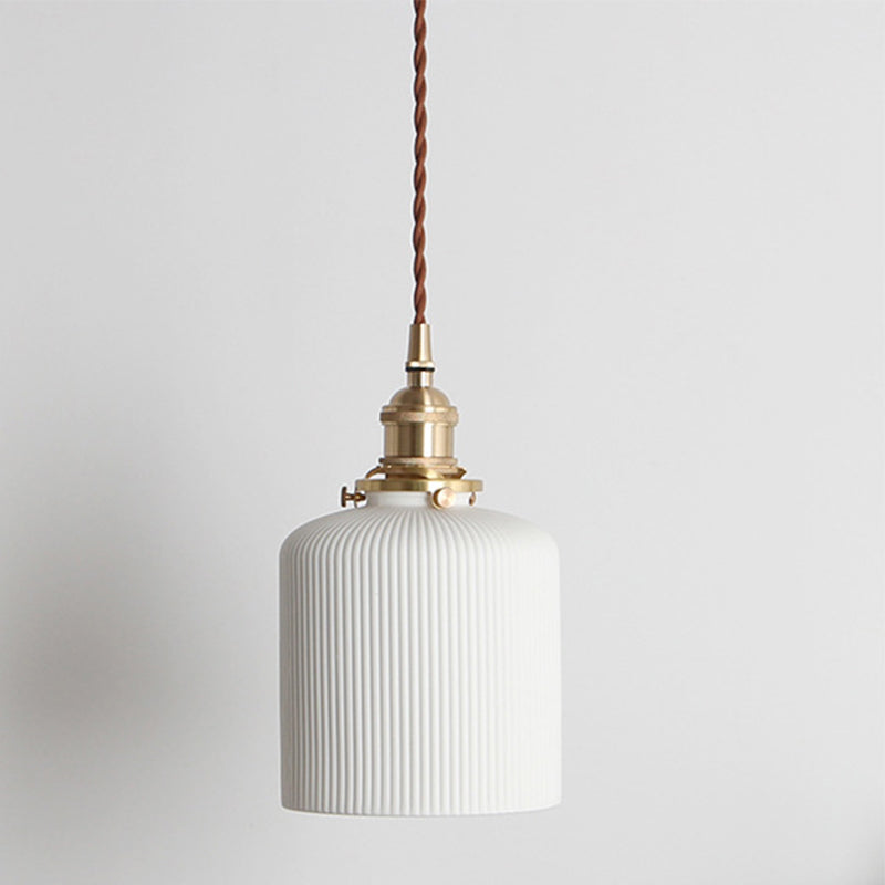 Alice - Rustic Ribbed Capsule Pendant Light in White and Brass