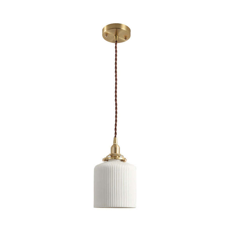 Alice - Rustic Ribbed Capsule Pendant Light in White and Brass