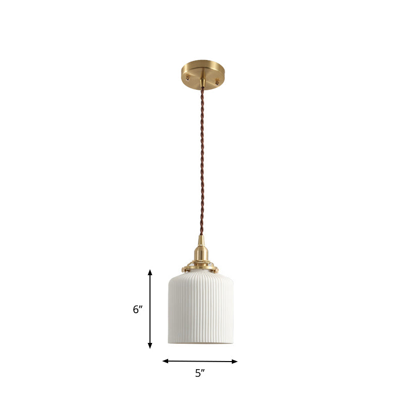 Alice - Rustic Ribbed Capsule Pendant Light in White and Brass