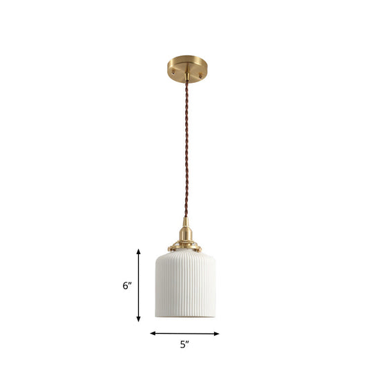 Rustic Ribbed Ceramic Hanging Light: Single Bulb Capsule/Ellipse Design In White/Brass