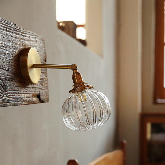 Small Brass Pumpkin Wall Lamp With Clear Ribbed/Blue Glass - Bedroom Lighting Adjustable Joint