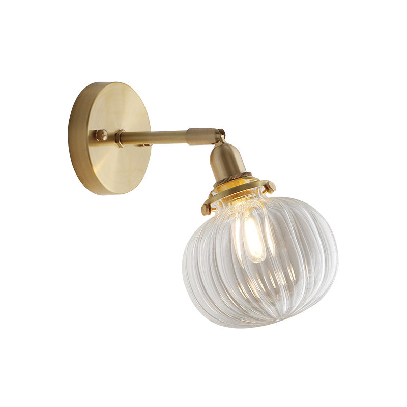 Small Brass Pumpkin Wall Lamp With Clear Ribbed/Blue Glass - Bedroom Lighting Adjustable Joint