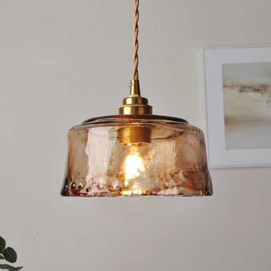 1-Light Suspended Lighting Fixture Rustic Dining Room Pendant Lamp with Round Amber Alabaster Glass Shade in Brass