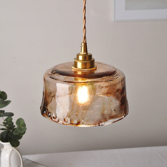 1-Light Suspended Lighting Fixture Rustic Dining Room Pendant Lamp with Round Amber Alabaster Glass Shade in Brass