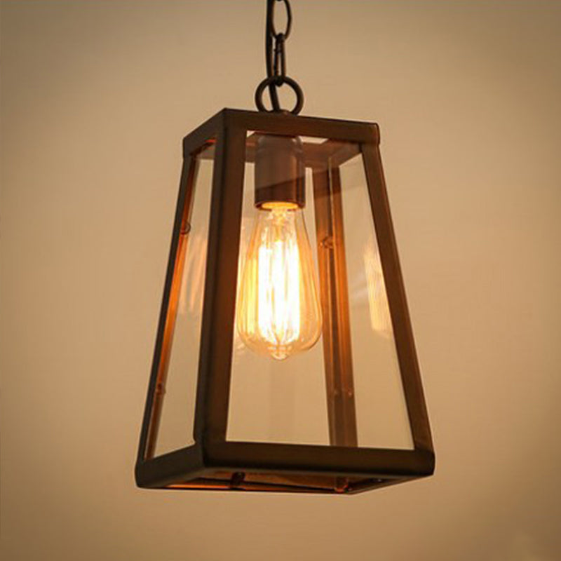 Industrial Style Hanging Lamp With Trapezoidal Clear Glass Shade In Black For Living Rooms